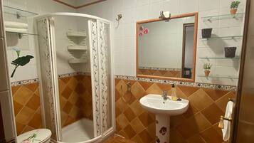 Een douche, een bidet, handdoeken, zeep