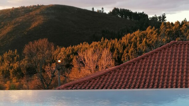 A glass table with two glasses of orange juice and a bowl of strawberries by a pool. - CASA DO RANCHO (Amares)