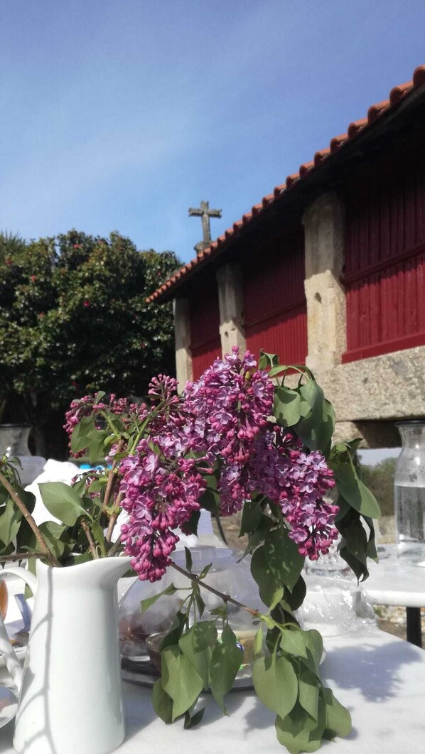 Um jarro branco com flores roxas, um edifício vermelho com uma cruz e um céu claro.