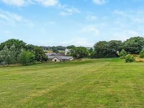 A rural landscape with a cluster of houses surrounded by trees and open fields.