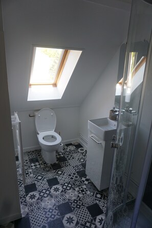 Shower, hair dryer, towels, toilet paper