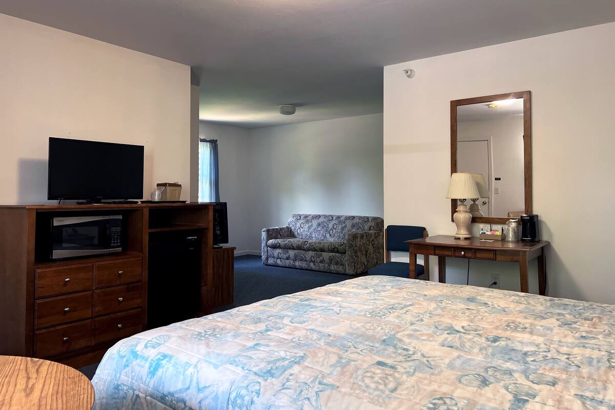 Une chambre d’hôtel équipée d’un lit, d’une télévision, d’un bureau avec une lampe, d’une chaise et d’un four à micro-ondes.