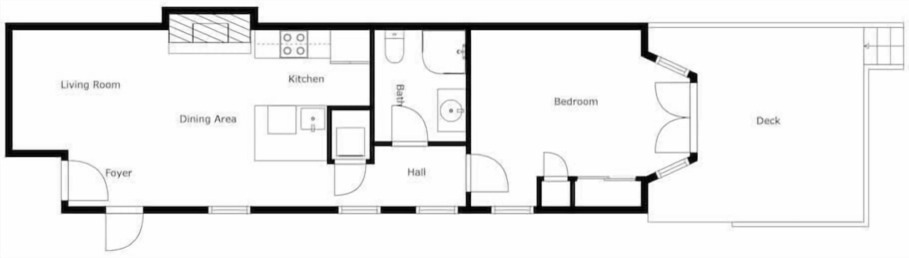 A floor plan with a living room, dining area, kitchen, bathroom, foyer, hall, and deck.