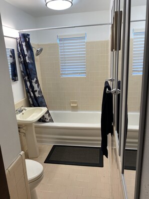 Ensemble douche/baignoire, sèche-cheveux, bidet, serviettes fournies