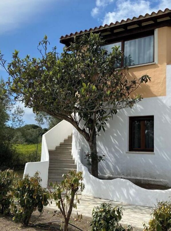 A modern house with a white exterior, a brown roof, and a staircase leading to the entrance.