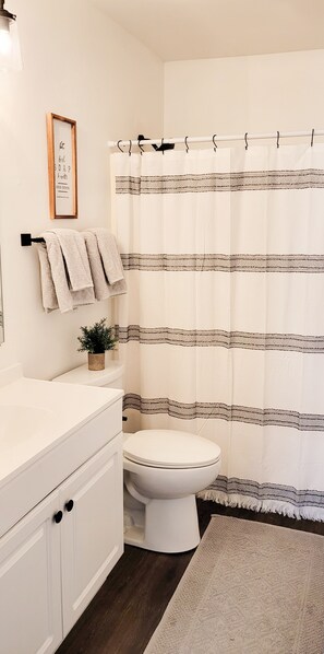 Combined shower/tub, hair dryer, towels, soap