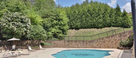 A swimming pool with lounge chairs and a stone wall.