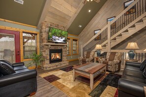 House, Multiple Beds, Hot Tub | Living area | 70-inch flat-screen TV with cable channels, TV, fireplace - Serenity Peak (Gatlinburg)