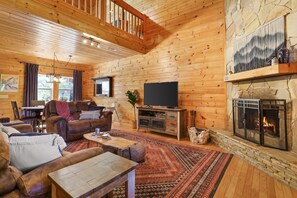 Smart TV, fireplace, DVD player, foosball