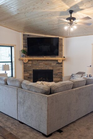 Smart TV, fireplace, books