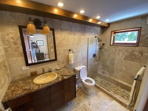 Shower, hair dryer, towels, soap