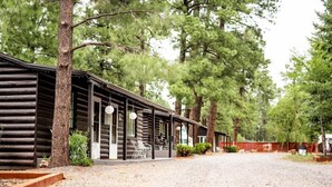 A row of log cabins with outdoor seating, surrounded by trees. - Corduroy Boutique Lodge (Pinetop)