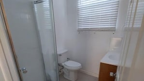A bathroom with a glass shower enclosure, a toilet, and a sink with a wooden cabinet. - The Golden Gate Inn (Basseterre)