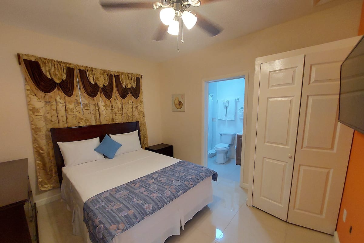 A bedroom with a bed, a ceiling fan, and a bathroom visible through an open door.