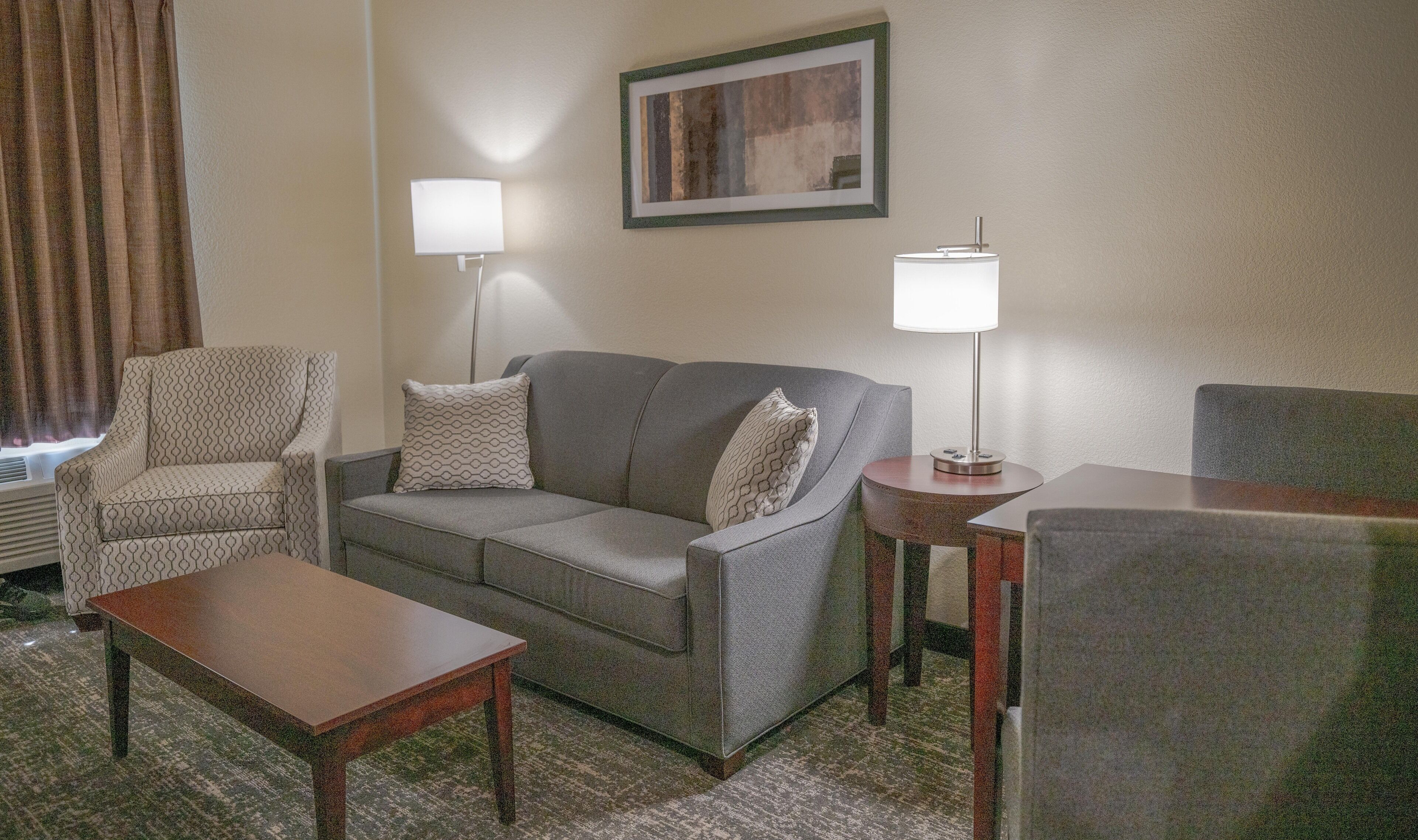 Premium bedding, memory foam beds, desk, laptop workspace