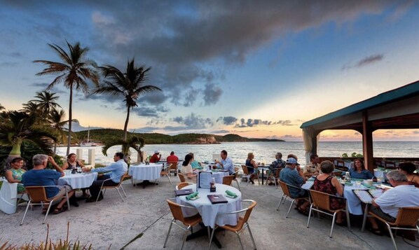 An outdoor dining area with round tables and chairs, overlooking a body of water and palm trees.