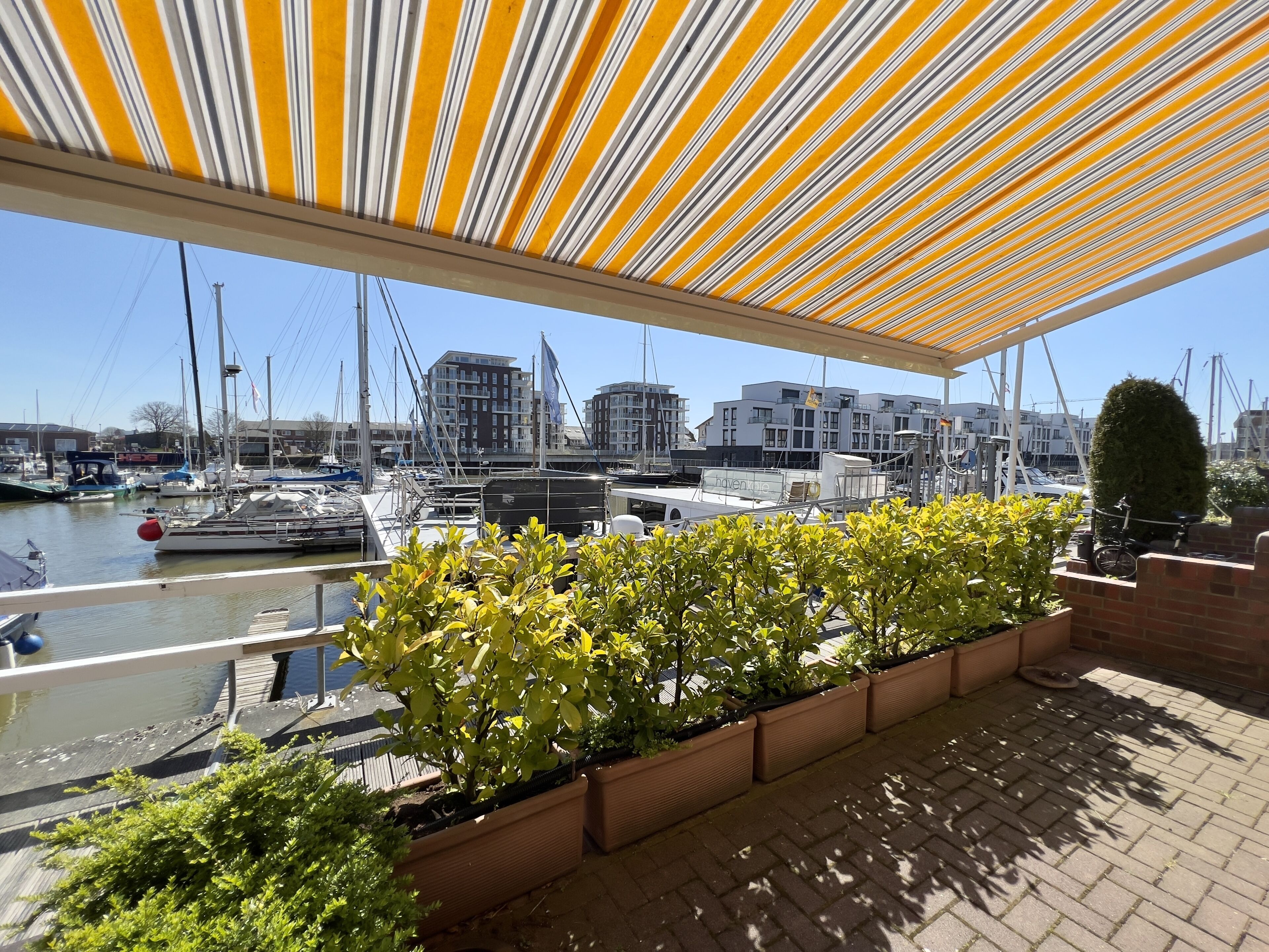 A covered outdoor area with potted plants and a view of a marina with boats and buildings.