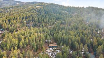 A forested mountain area with a small cabin.