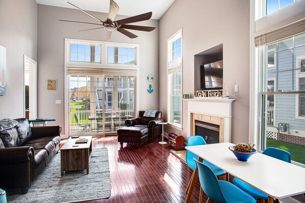 Televisión, chimenea y libros 