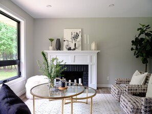Fireplace, books