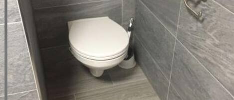 A modern bathroom with a toilet, a showerhead, and a trash can.