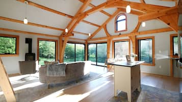 Fireplace, books, music library, stereo