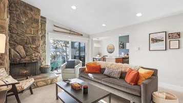 Smart TV, fireplace, DVD player, books