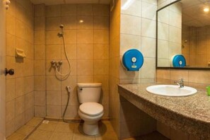 Un baño con inodoro, ducha, lavabo y espejo.