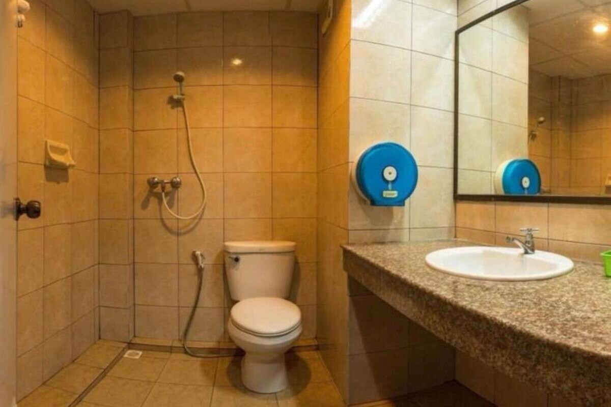 Un baño con inodoro, ducha, lavabo y espejo.