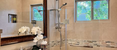 Bathtub, hair dryer, towels, soap