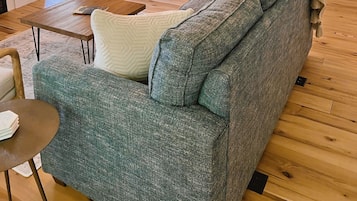 TV connectée, cheminée, livres, médiathèque