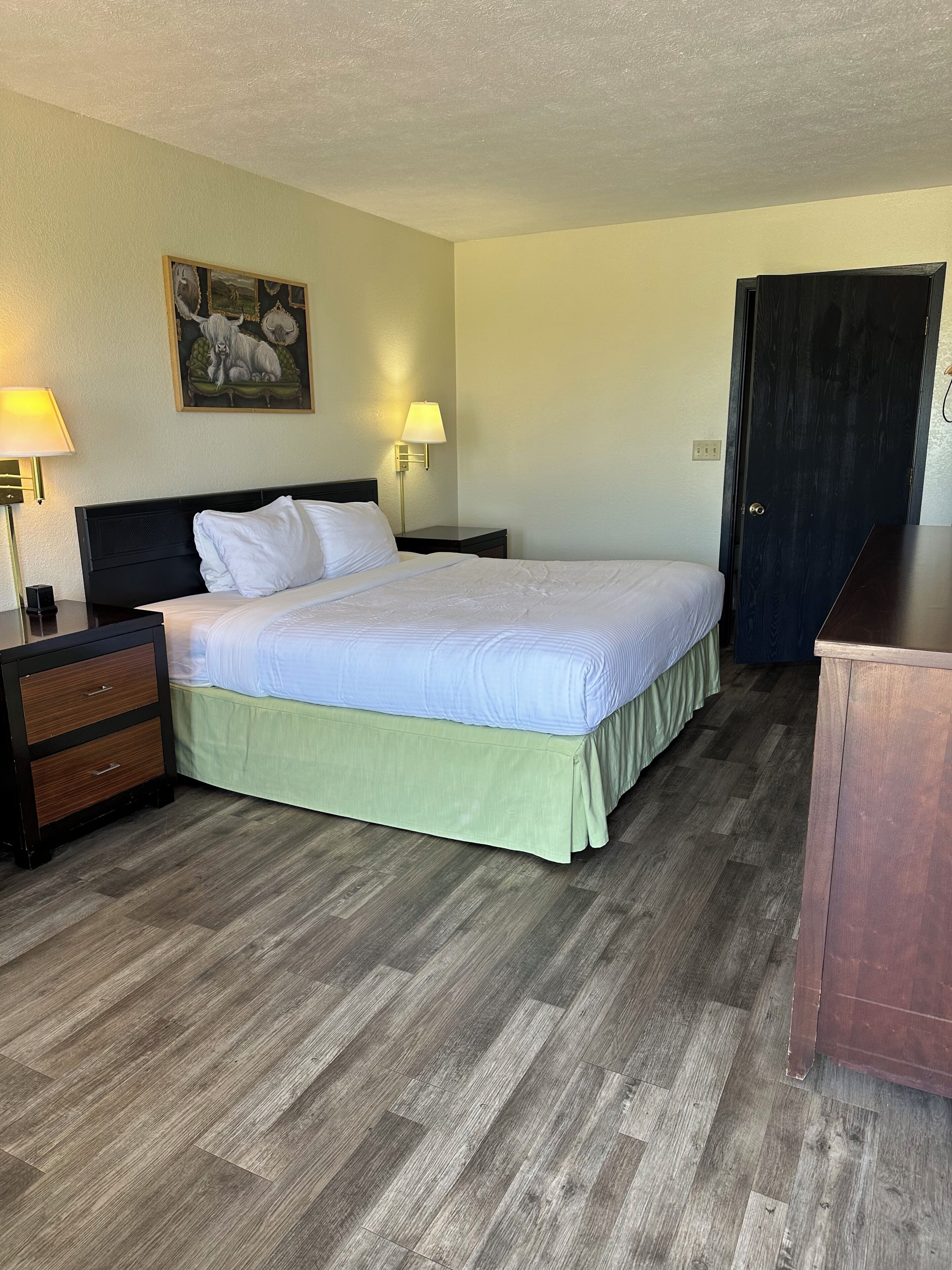 Une chambre d’hôtel avec un lit, des tables de chevet, une lampe, un tableau et un plancher en bois.