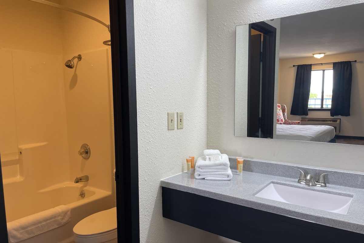 Une salle de bain équipée d’une baignoire, de toilettes, d’un lavabo et d’un miroir qui reflète un lit et une fenêtre.