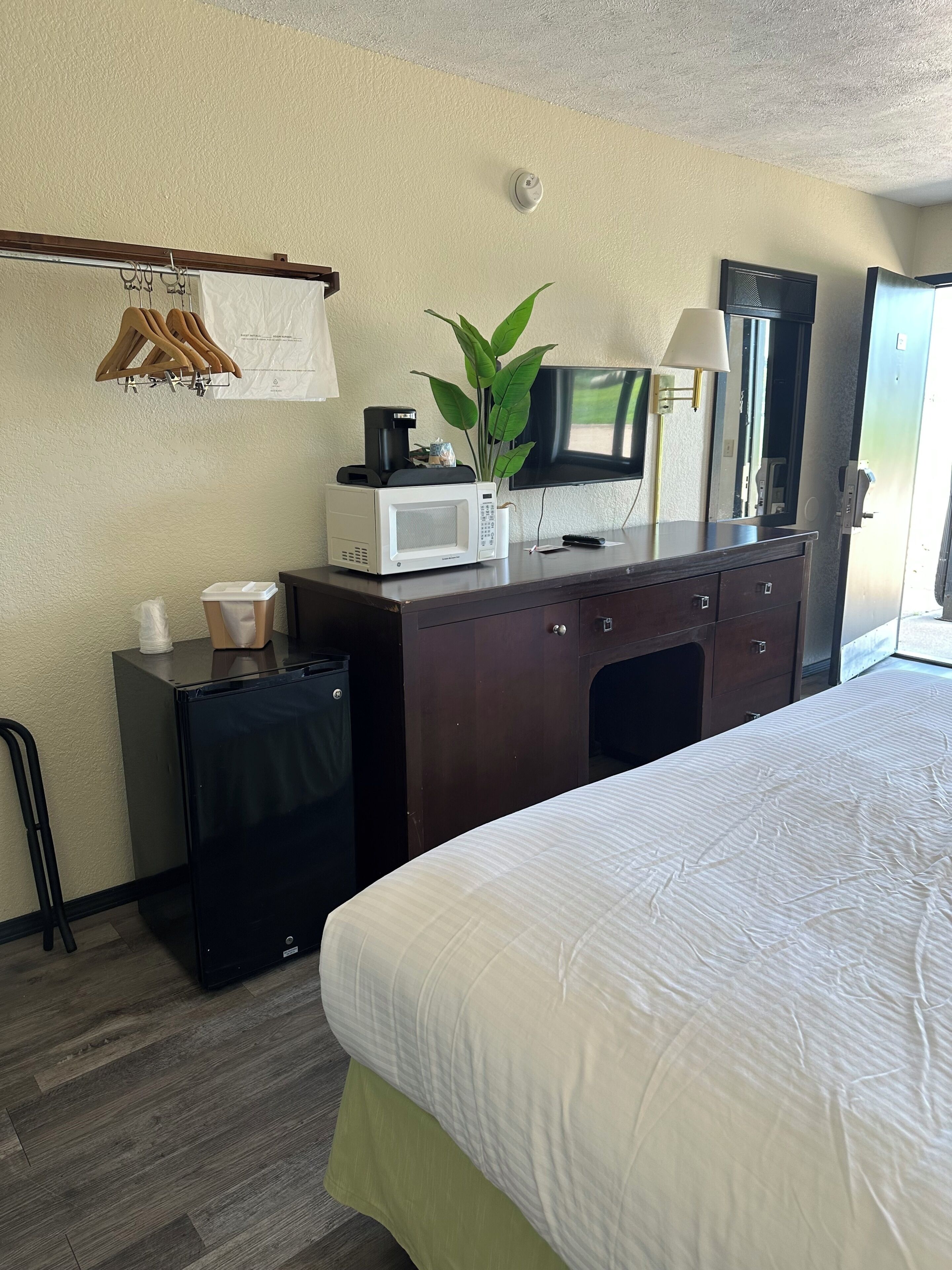 A hotel room with a bed, a desk with a microwave, a coffee maker, a plant, and a TV.