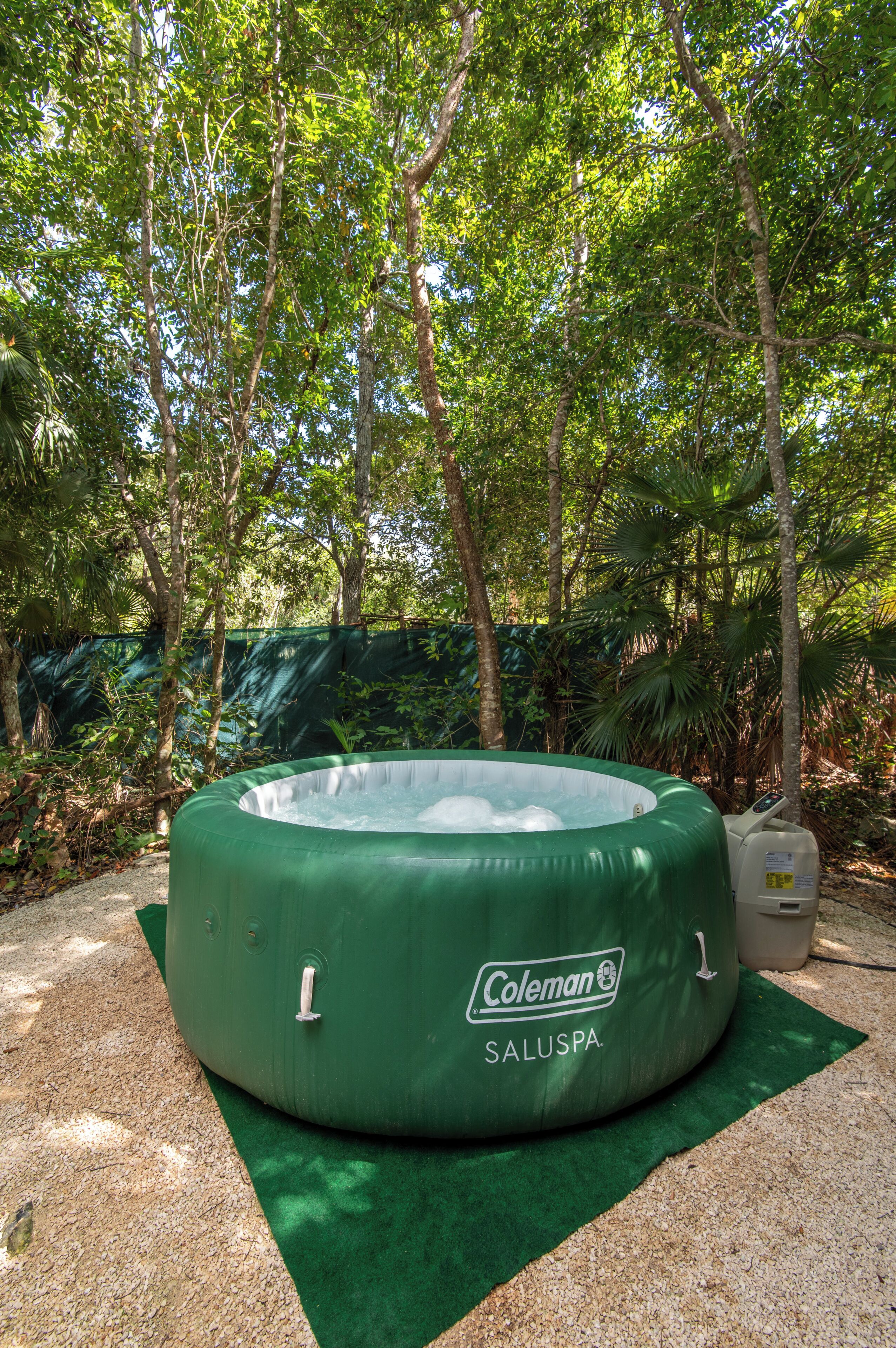 Ein grüner aufblasbarer Whirlpool mit dem Aufdruck 'Coleman SALUSPA' auf einer grünen Matte in einem Garten mit Bäumen.