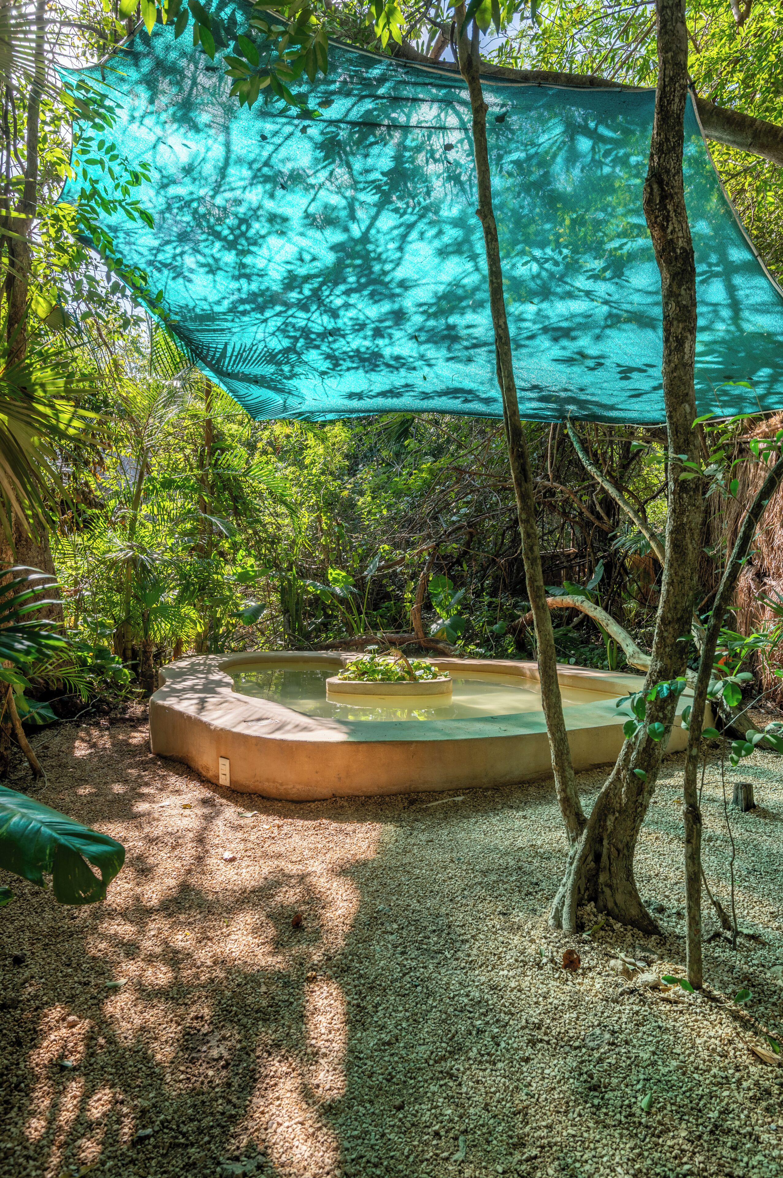 A circular hot tub surrounded by trees and a green canopy.