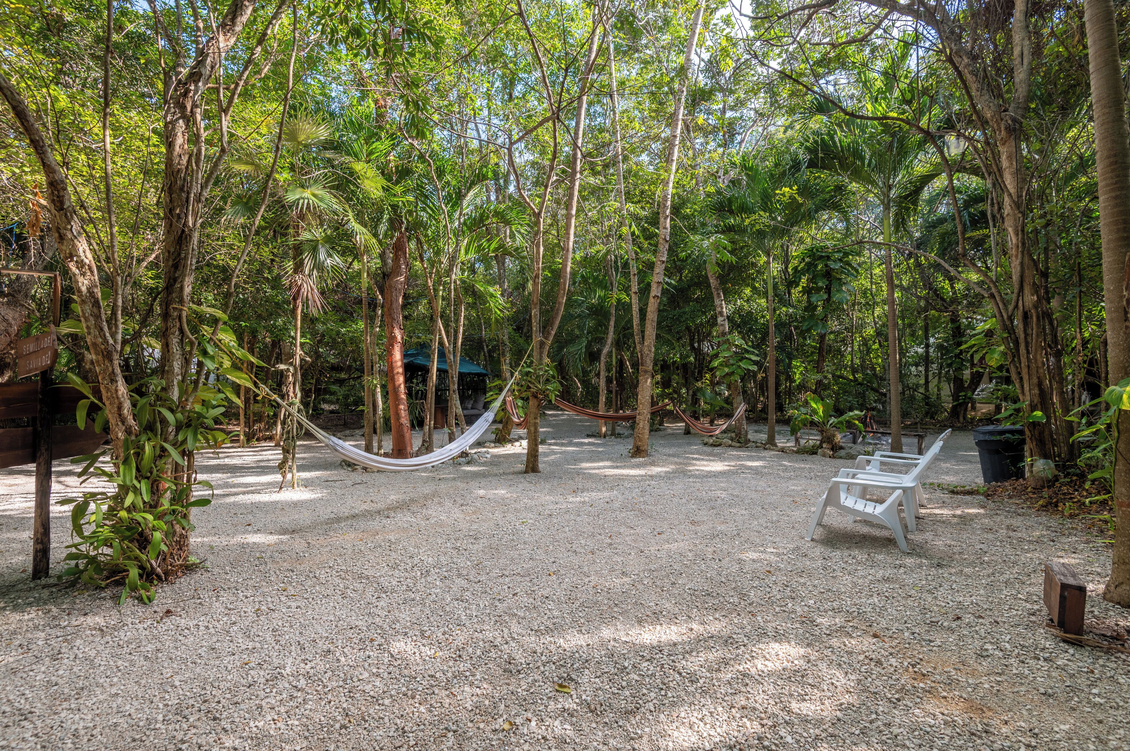 A hammock in a forested area with a gravel path and a white bench.