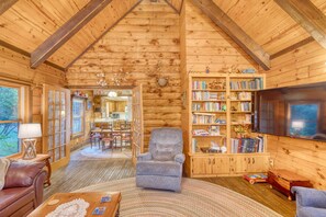 Televisión, chimenea y libros 