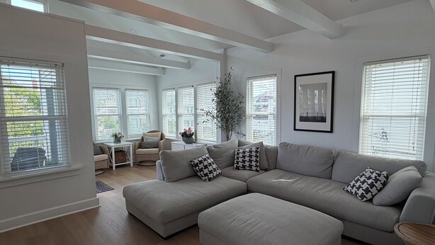 A spacious living room with a large sectional sofa, a small table, and a potted plant. - 3 Bedroom House, 1 Block from Beach and Boardwalk (Ocean City)