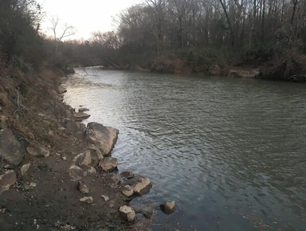 A river with a rocky bank and trees in the background.