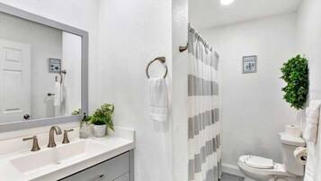 Combined shower/tub, hair dryer, towels, toilet paper