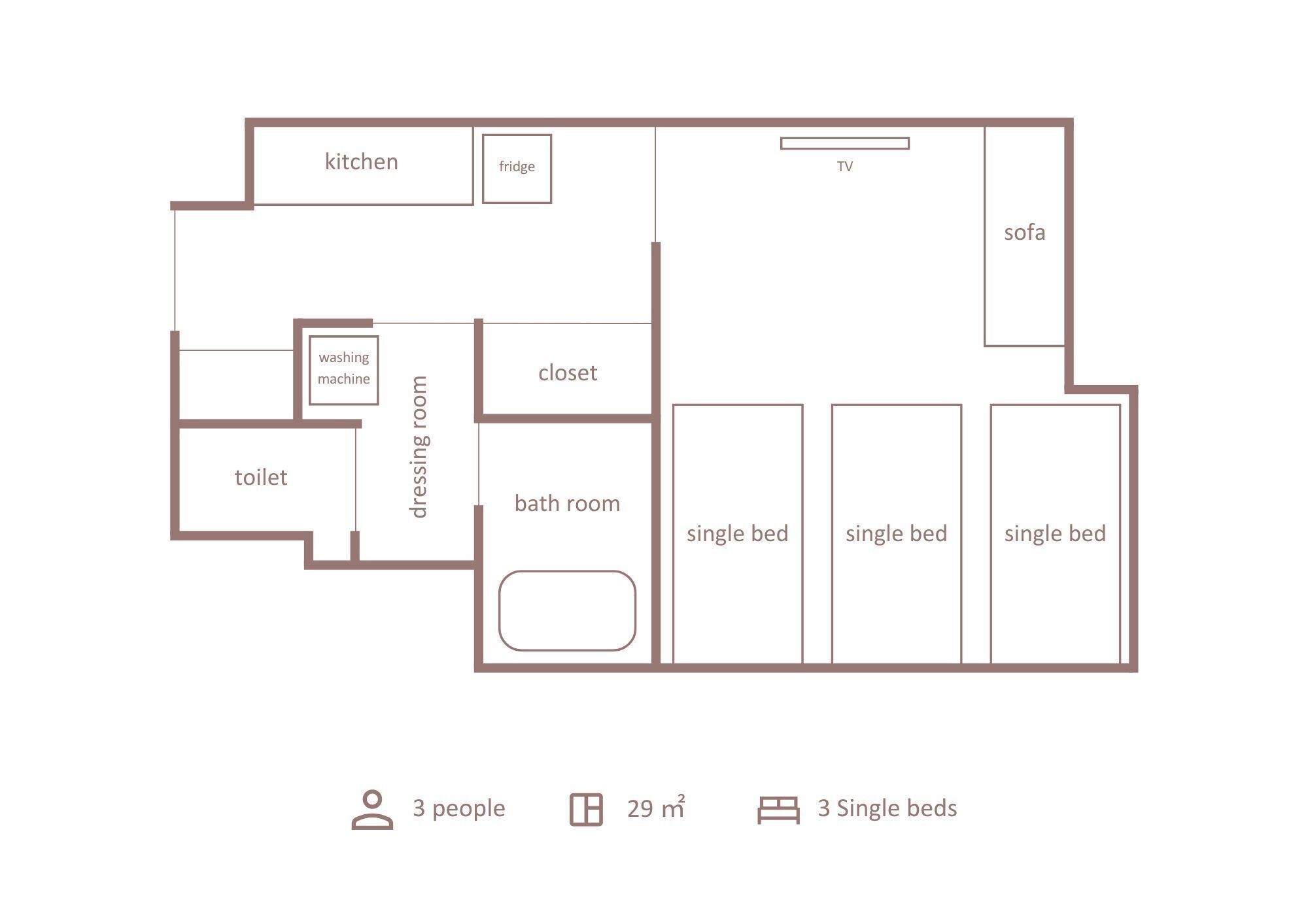 A floor plan of a 3-bedroom apartment with a kitchen, fridge, TV, sofa, washing machine, toilet, closet, and a bathroom.
