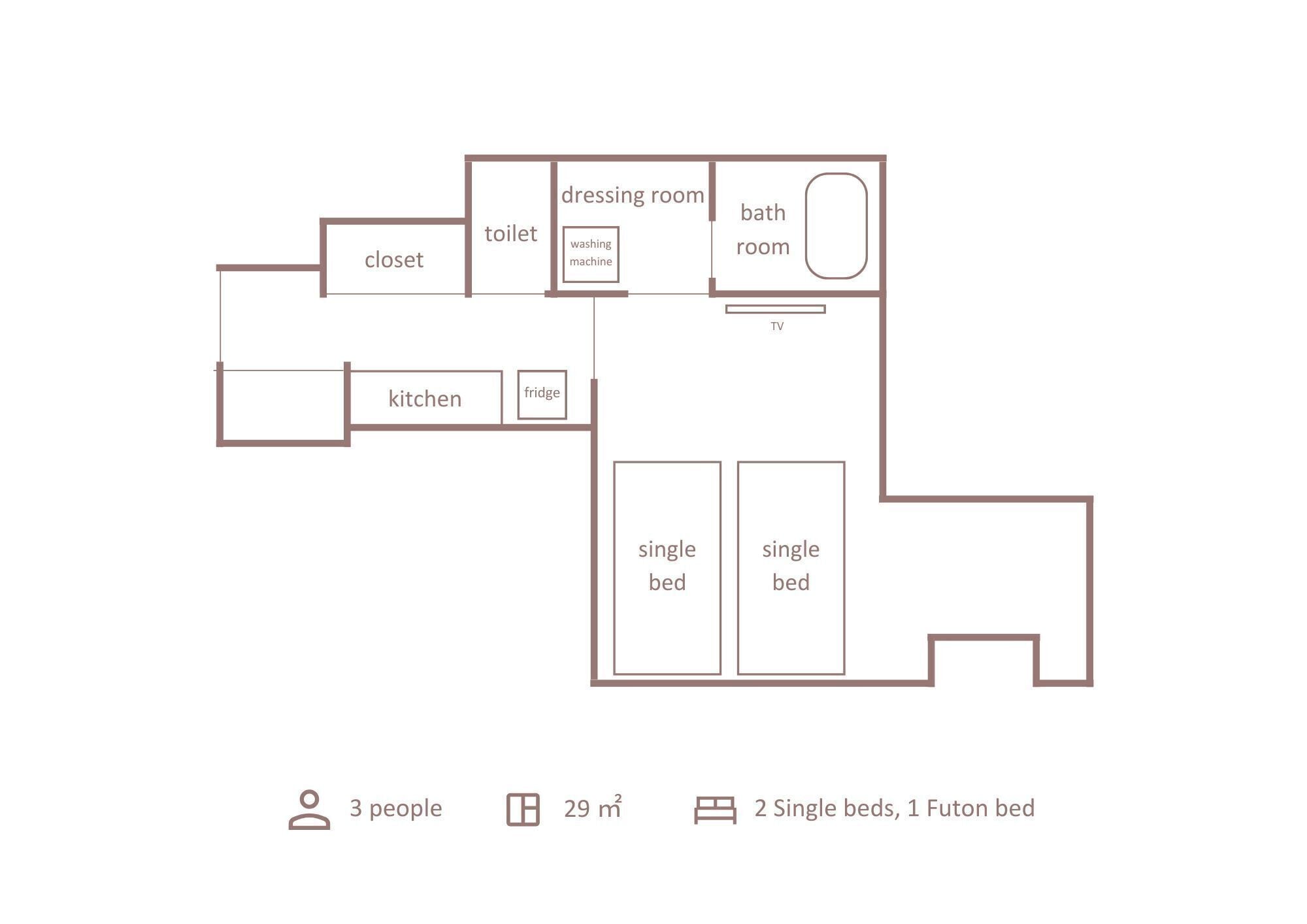 A floor plan of a 3-bedroom apartment with a kitchen, two bathrooms, a dressing room, and a TV.