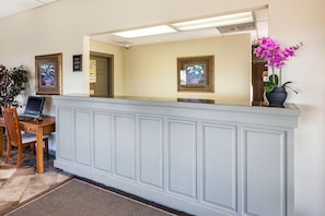 A reception area with a desk, computer, framed pictures, and a potted orchid. - Econo Lodge Inn and Suites Shepherd Of The Hills Expy (Branson)
