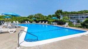 A swimming pool with lounge chairs and umbrellas, surrounded by greenery and a building in the background. - Rodeway Inn Mystic (Mystic)