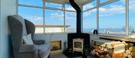 TV, fireplace, books, offices