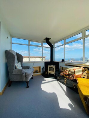 TV, fireplace, books, offices