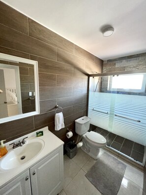 Shower, hair dryer, towels, soap