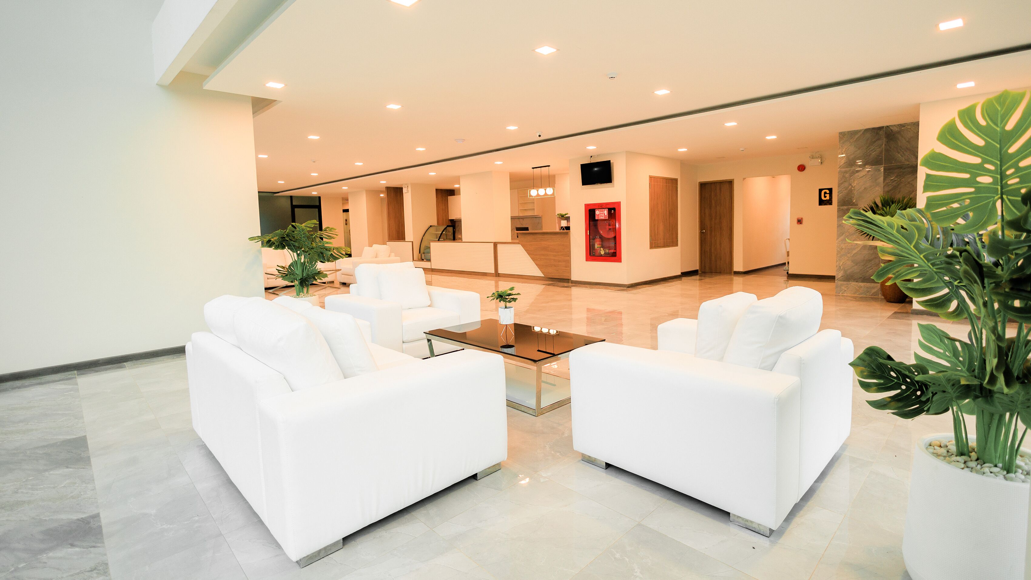 A modern lobby with white sofas, a glass coffee table, and potted plants.