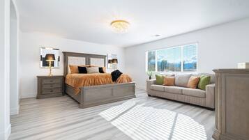 5 habitaciones, escritorio y tabla de planchar con plancha